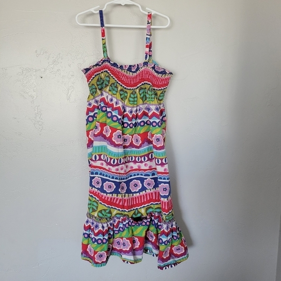Hanna Andersson 150 Girls Multicolor Floral Striped Dress Spaghetti Strap Ruffle - Picture 1 of 8